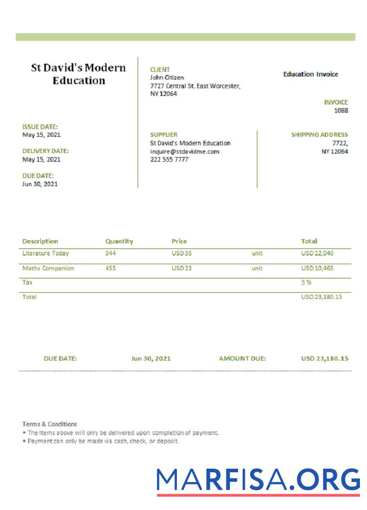 Blank USA St David’s Modern Education invoice template